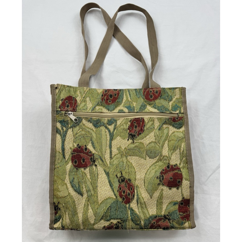 Ladybug Embroidered Tote Bag Beige Outside Pockets Cottage-core Granny Bag